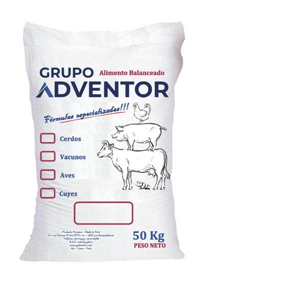 Saco de 50 kg de alimento balanceado Grupo Adventor para cerdos, vacunos, aves y cuyes